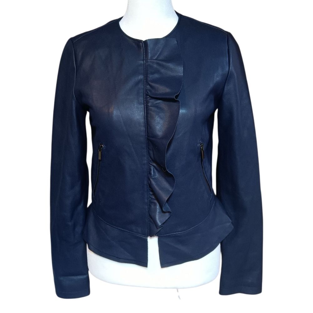Zara Basic Outerwear Navy Peplum Ruffle Jacket XS Faux Leather